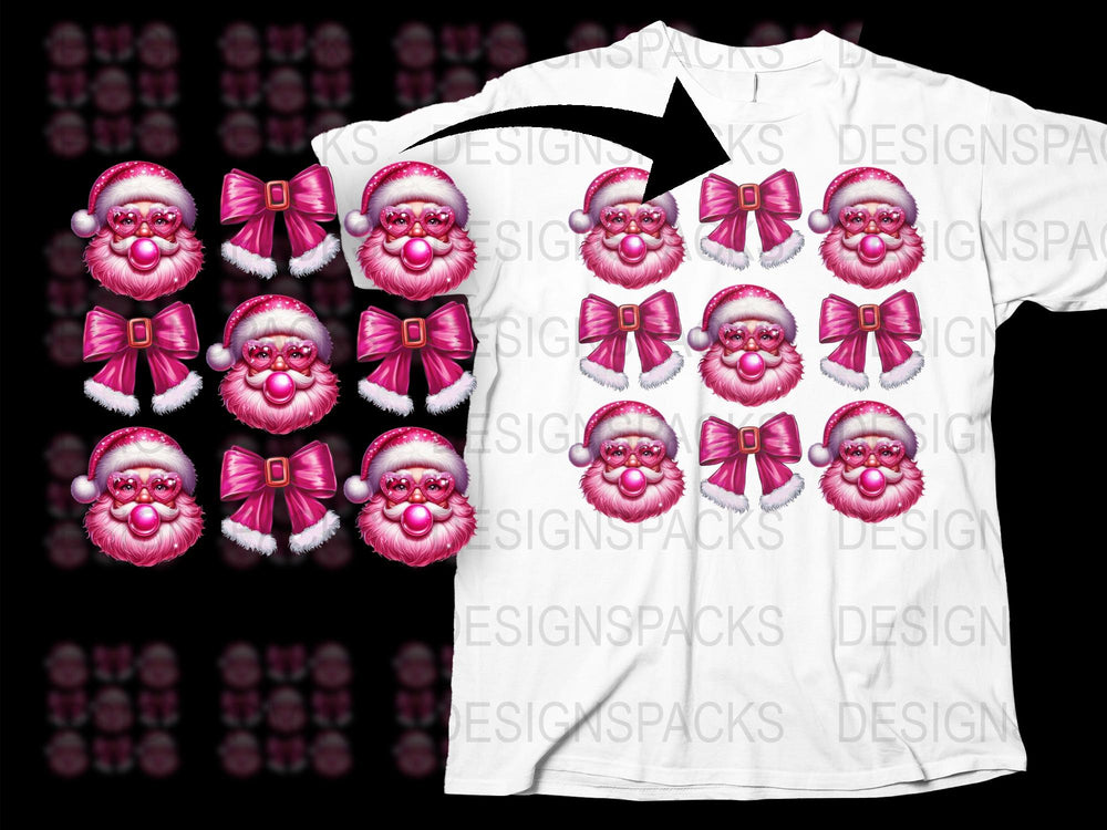Festive Santa Claus Faces T-Shirt, Pink Bow Holiday Apparel, Christmas Party Gift Idea, Unique Santa Graphic Tee