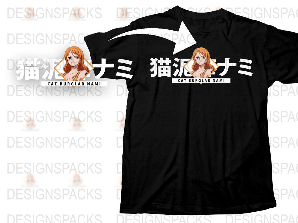 Anime Inspired T-Shirt, Cat Burglar Nami Graphic Tee, Japanese Text, Fan Merchandise, Unisex Black Shirt