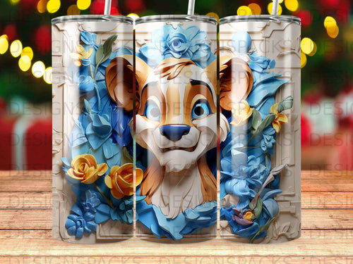 Lion cub character with blue and yellow flowers on a tumbler.