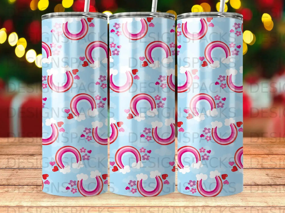 Pink and white rainbow pattern with hearts on a blue cloudy background.