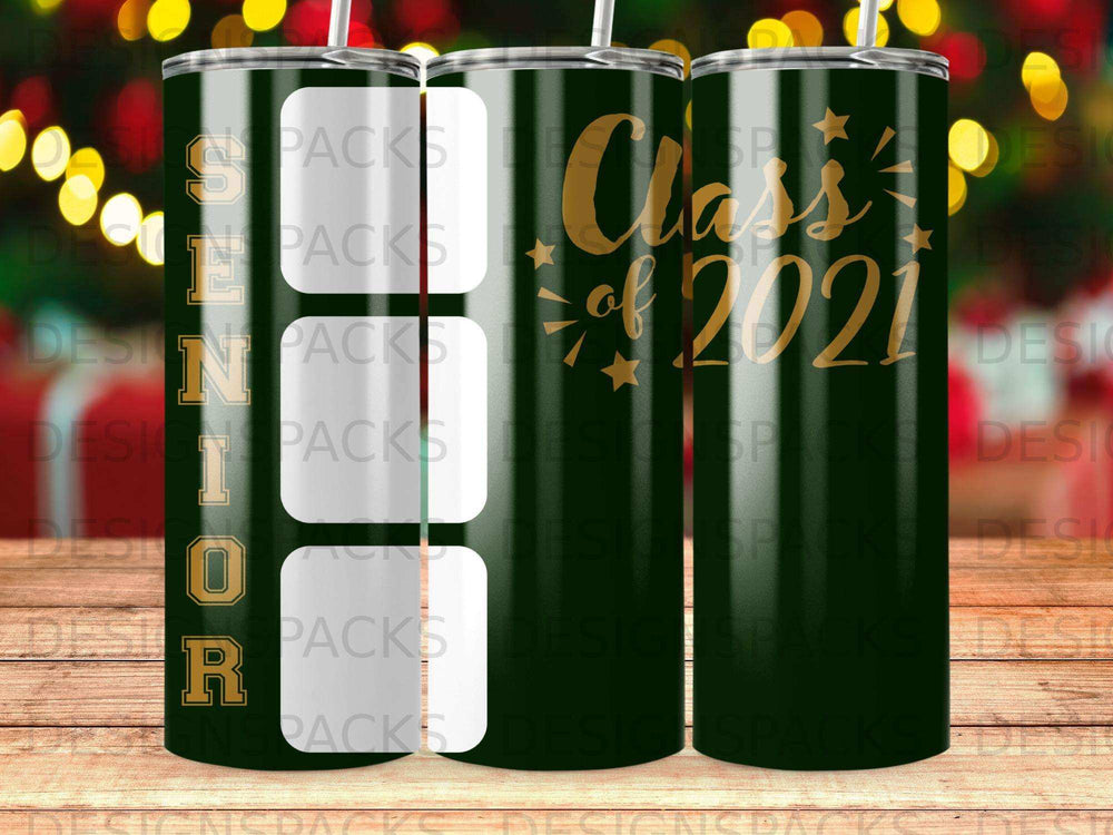 Green tumbler with "SENIOR 2021" text and starbursts.