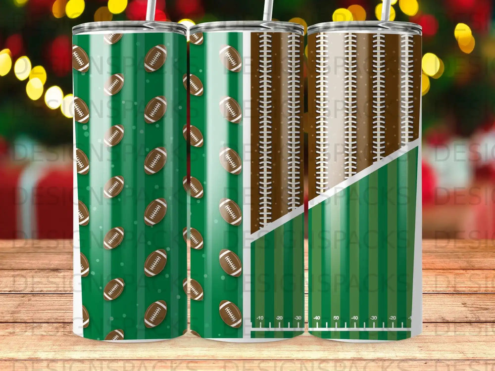 Three tumblers with football patterns, green field, and scoreboard designs.