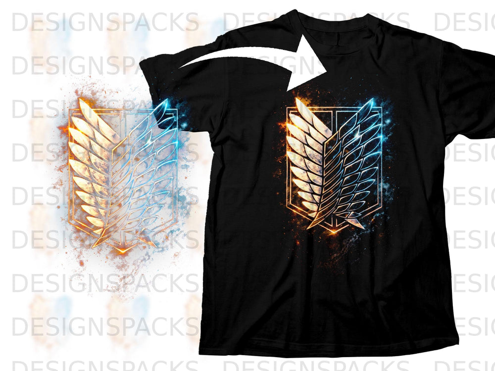 Black t-shirt with a glowing orange and blue wings emblem graphic.