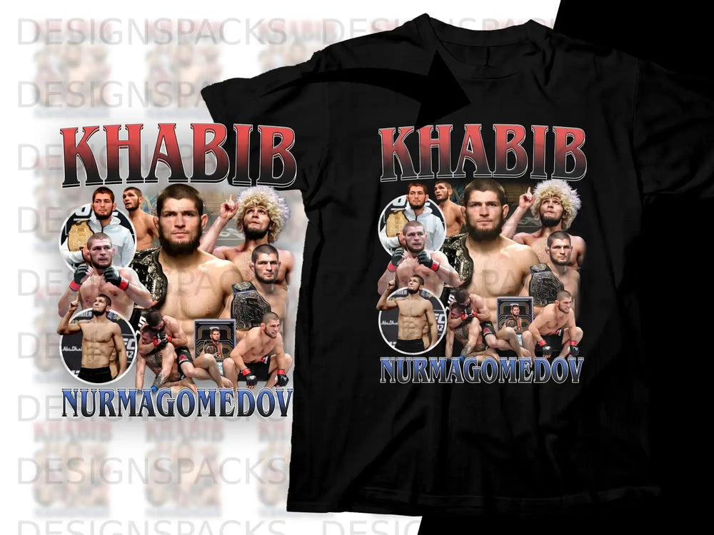Khabib Nurmagomedov collage with title and championship belts.