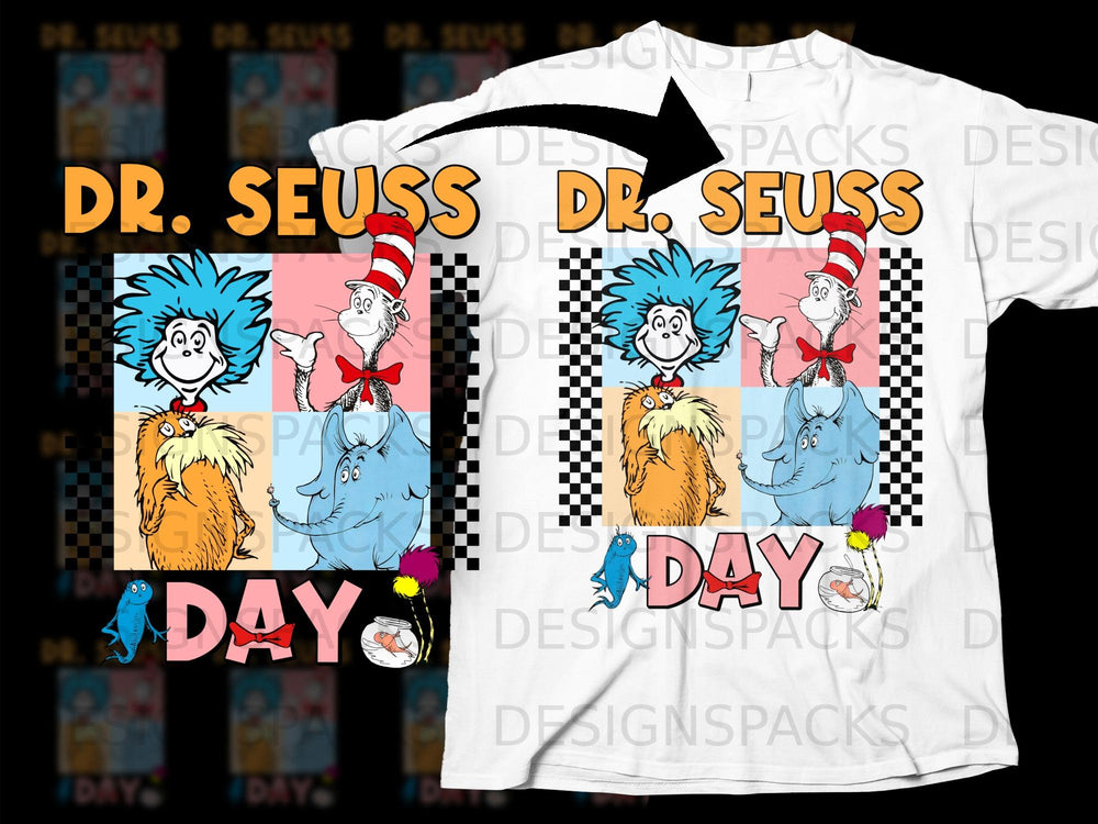 Dr. Seuss characters, including Thing 1, Cat in the Hat, Lorax, and Horton, with "DAY" text.