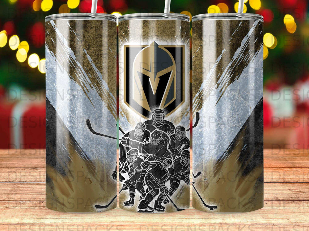 Hockey team graphic on a tall, thin tumbler with a black, gold, and distressed background.