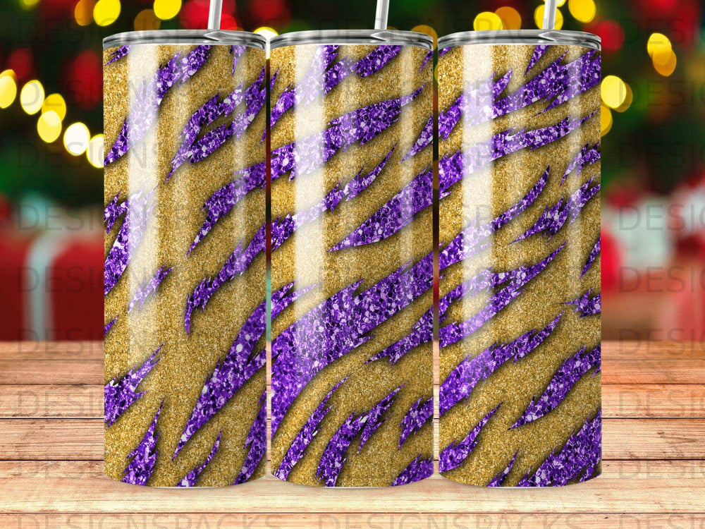 Purple and gold tiger stripe tumbler with a sparkly glitter background.