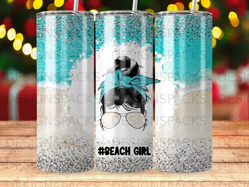 Tumbler with "Beach Girl" text and sparkly beach scene design.