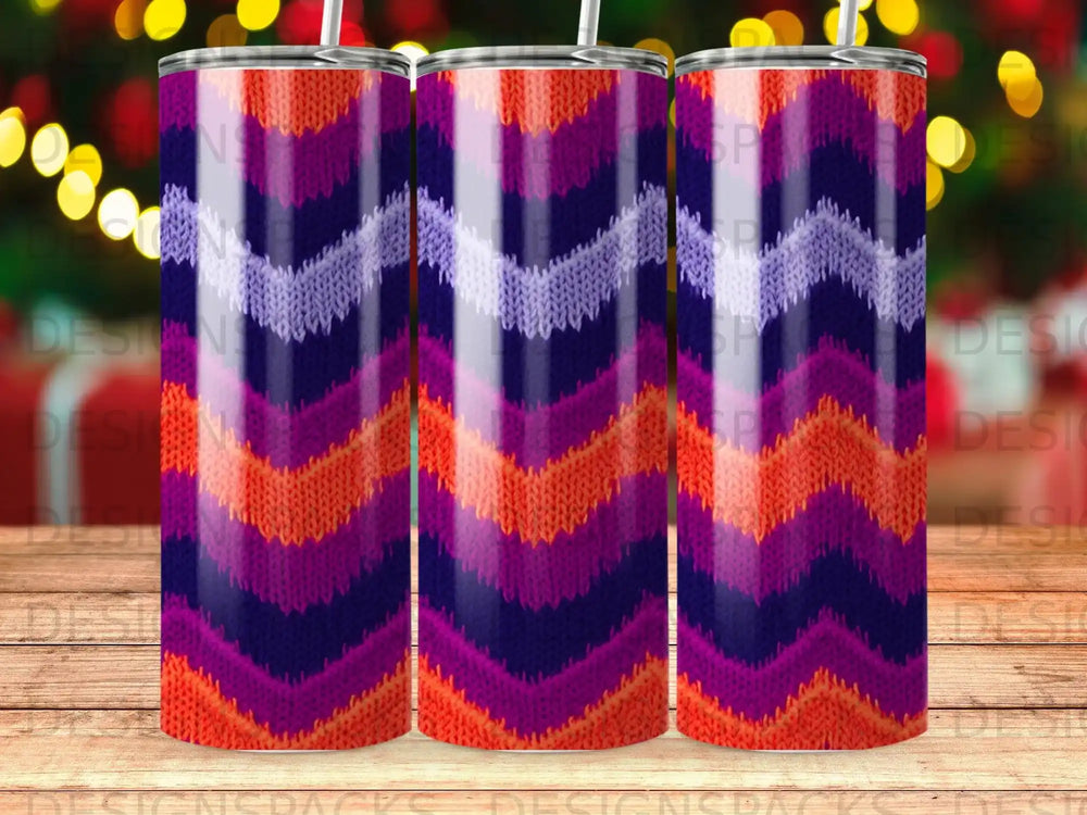 Zigzag chevron pattern tumbler with purple, orange, and white stripes.