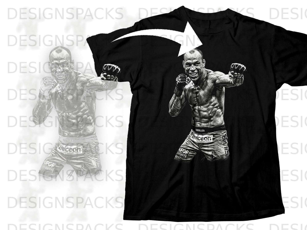 Black t-shirt featuring a monochromatic graphic of a fighter in shorts and gloves.