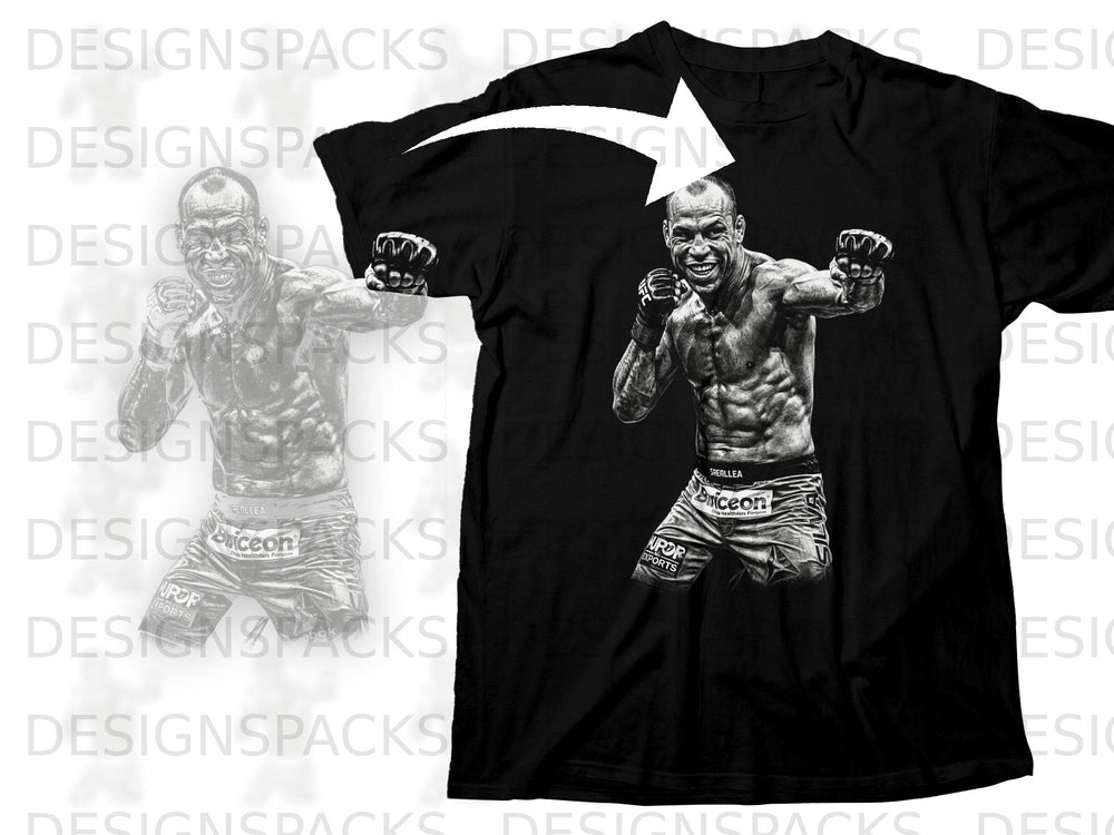 Black t-shirt featuring a monochromatic graphic of a fighter in shorts and gloves.