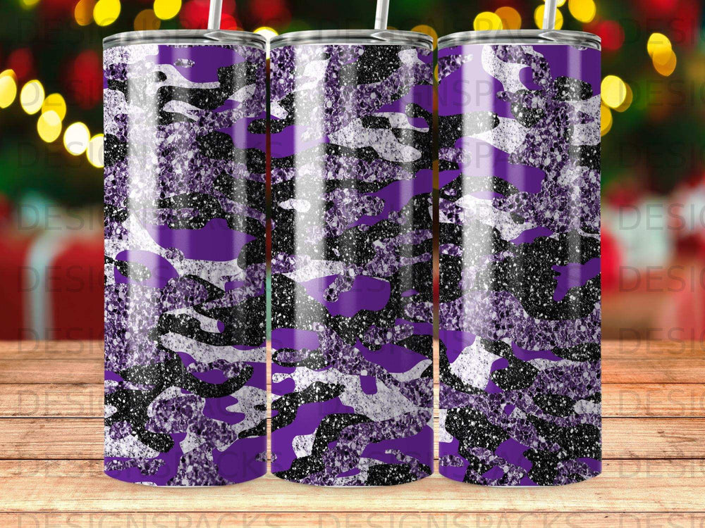Purple camouflage pattern with glitter accents on three tumblers.
