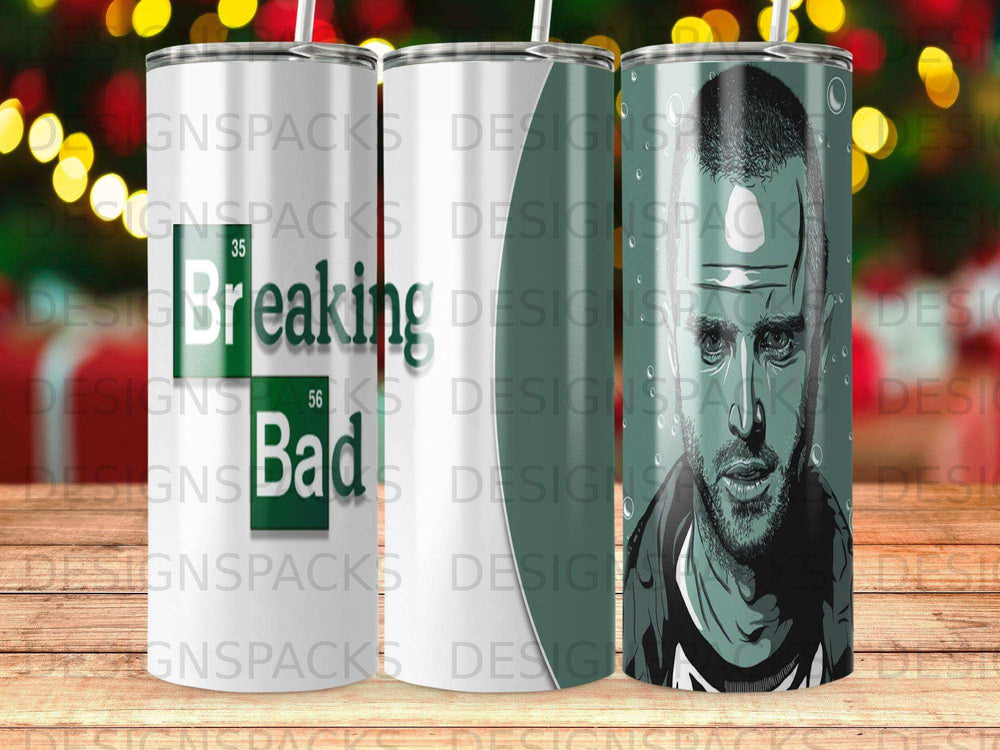 Breaking Bad tumbler with Walter White portrait and logo.