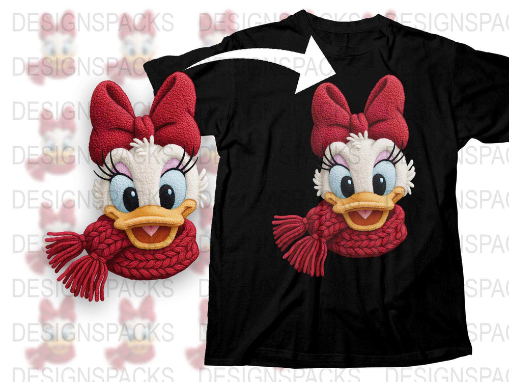 Daisy Duck Winter Theme T-Shirt, Embroidered Cartoon Character, Women's Black Tee, Cute Disney Apparel, Gift Idea