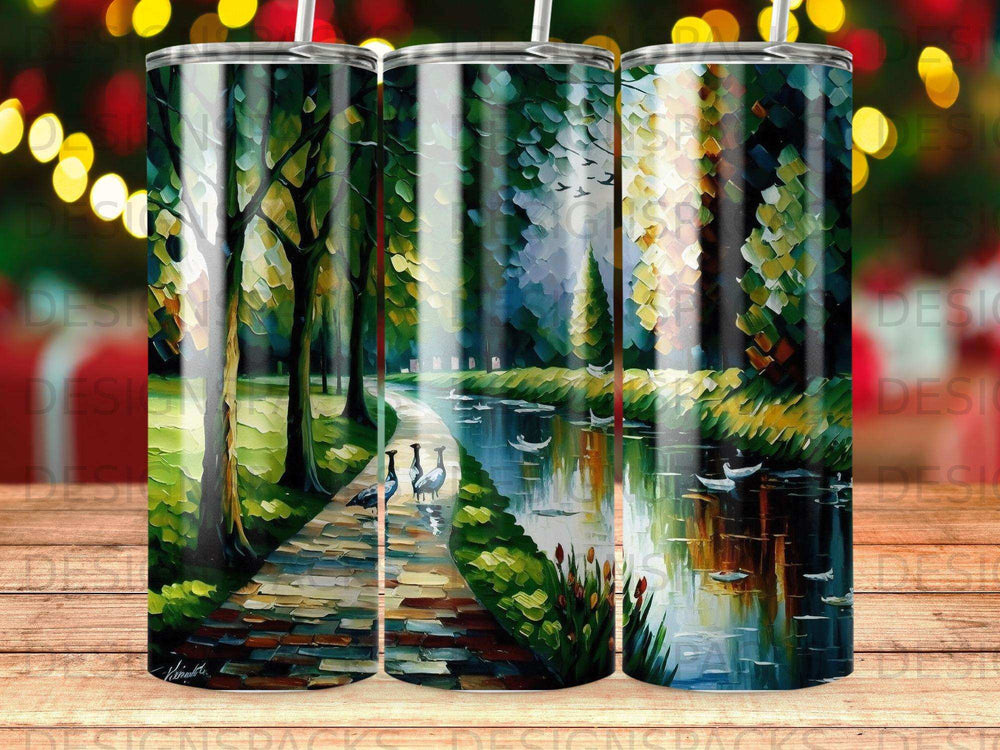 Oil painting of a serene forest path alongside a still lake with two white swans.