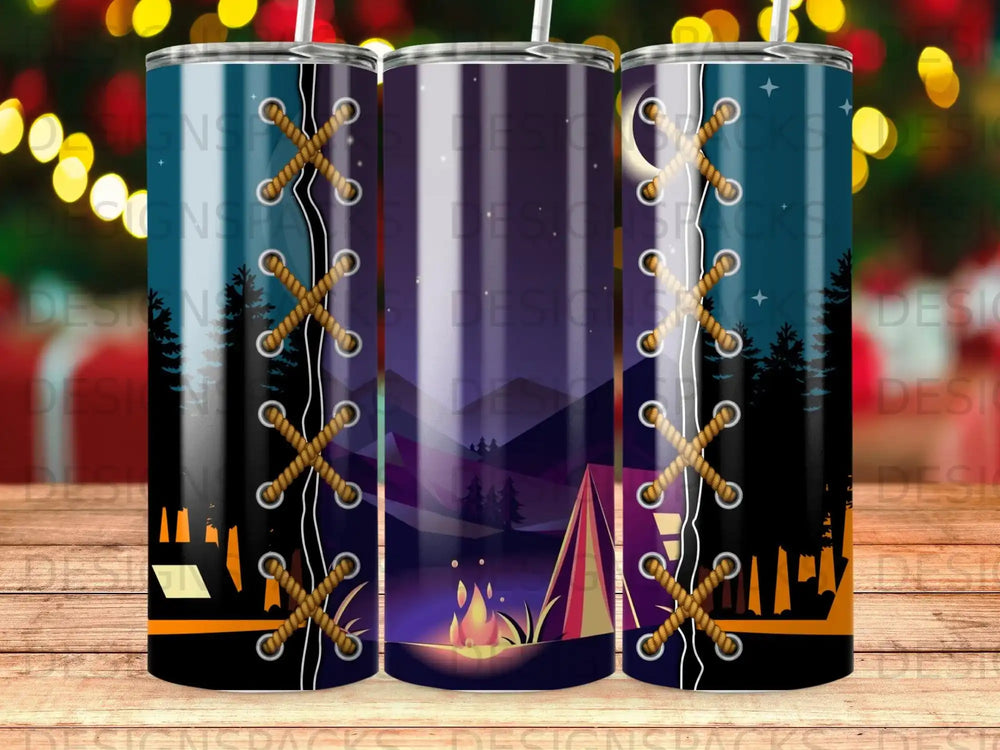 Tent, campfire, and trees at night with moon and stars, laced border.