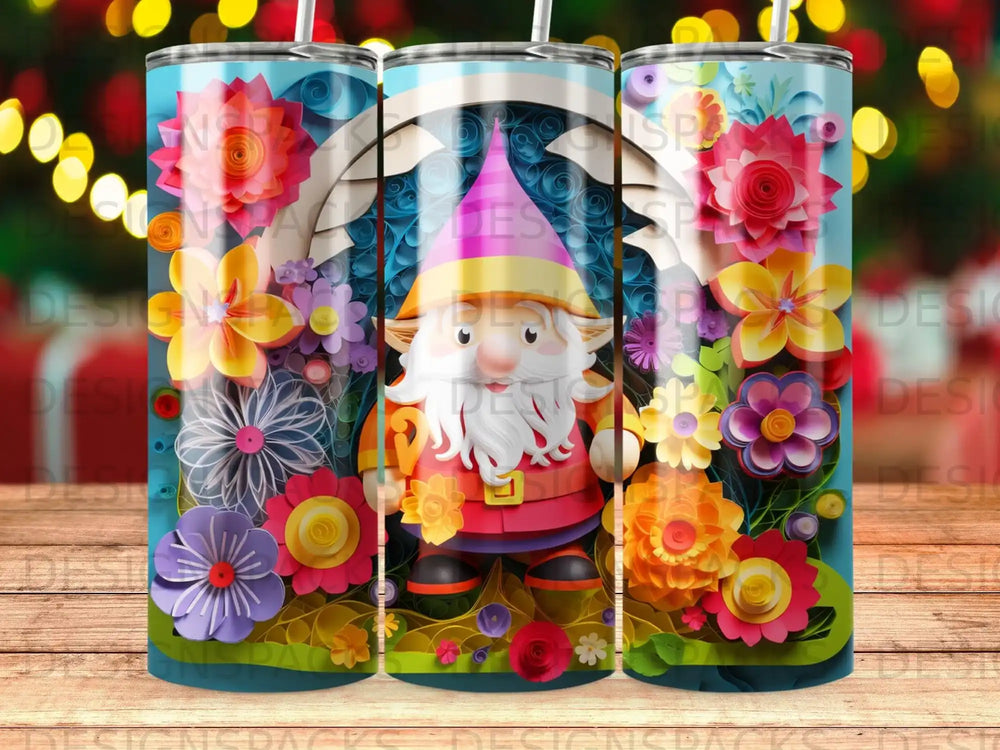 Gnome with colorful paper flowers on a cylindrical tumbler.