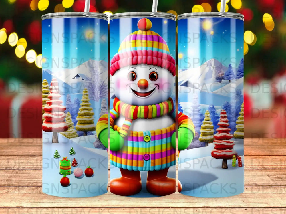Cheerful snowman wearing a striped hat and scarf, with cartoon Christmas trees.