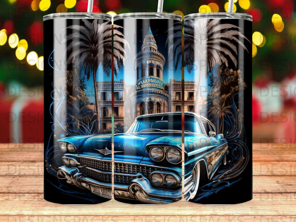 Blue vintage car in front of a building with palm trees.