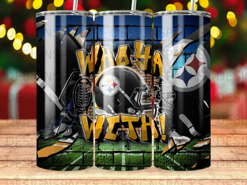 Pittsburgh Steelers helmet and text "We Got This!" on a tumbler.