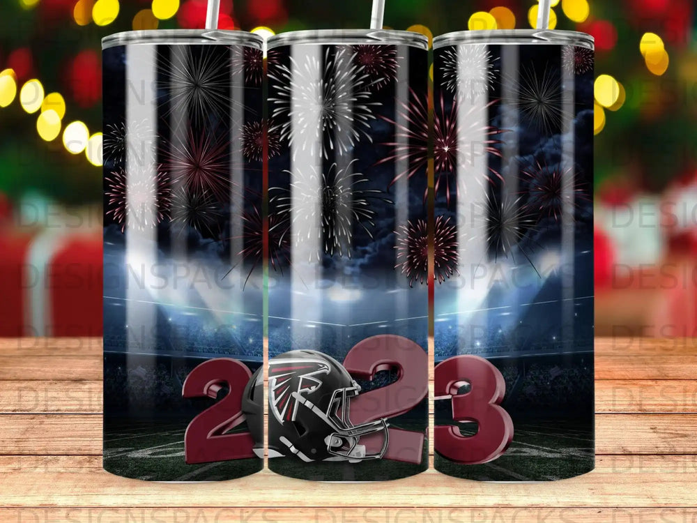 Atlanta Falcons logo on stadium background with fireworks and large "2023".