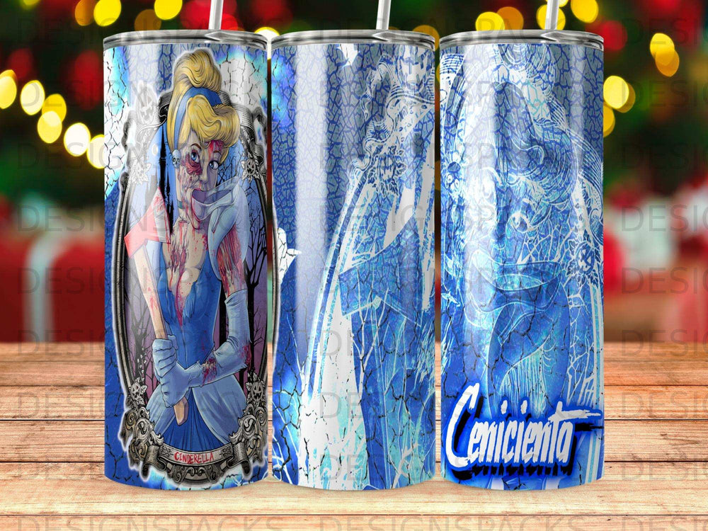 Cinderella-themed tumbler with blue distressed background and bloody zombie-like character.