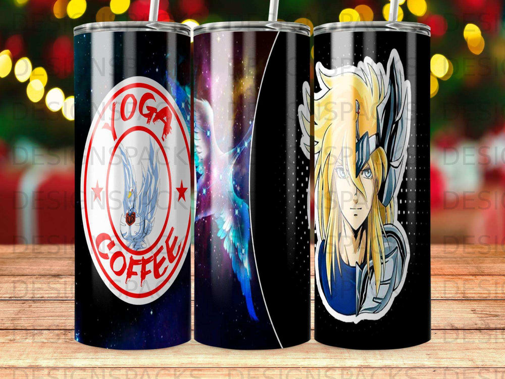 Tumbler with yoga and coffee text and anime character with helmet.