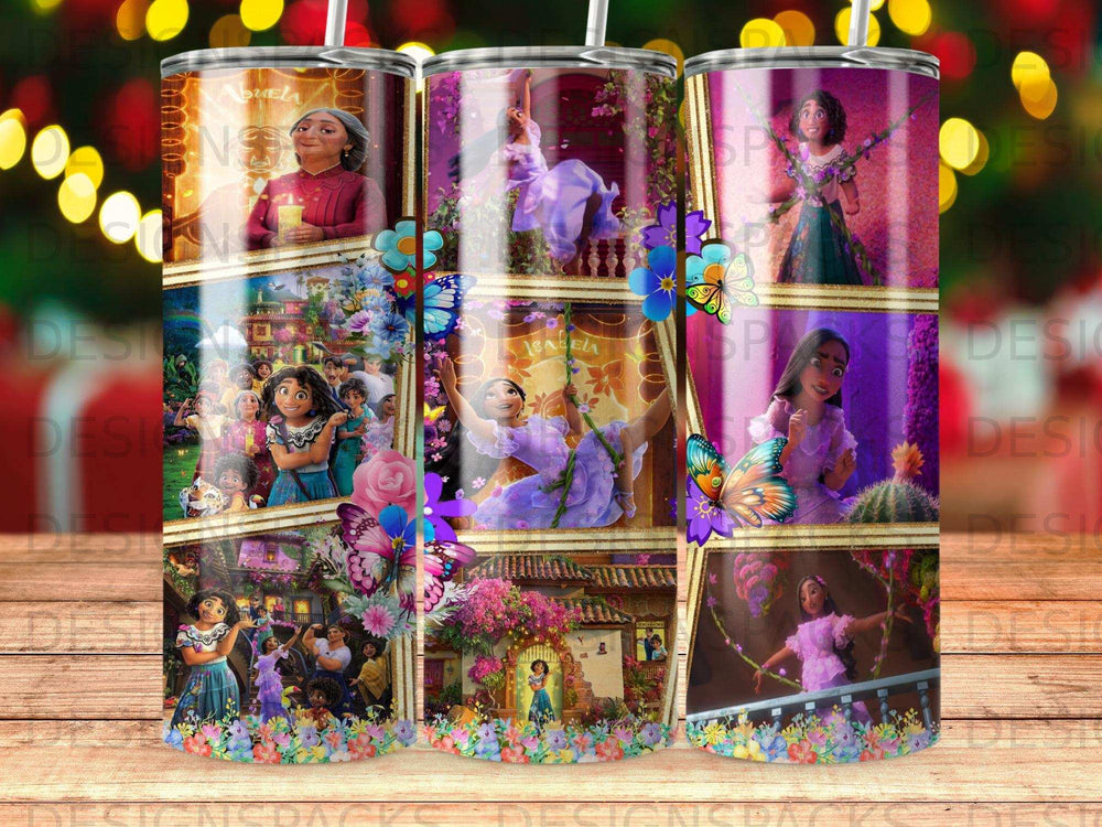 Collage of Encanto characters including Mirabel, Abuela Alma, and Luisa against a floral background.