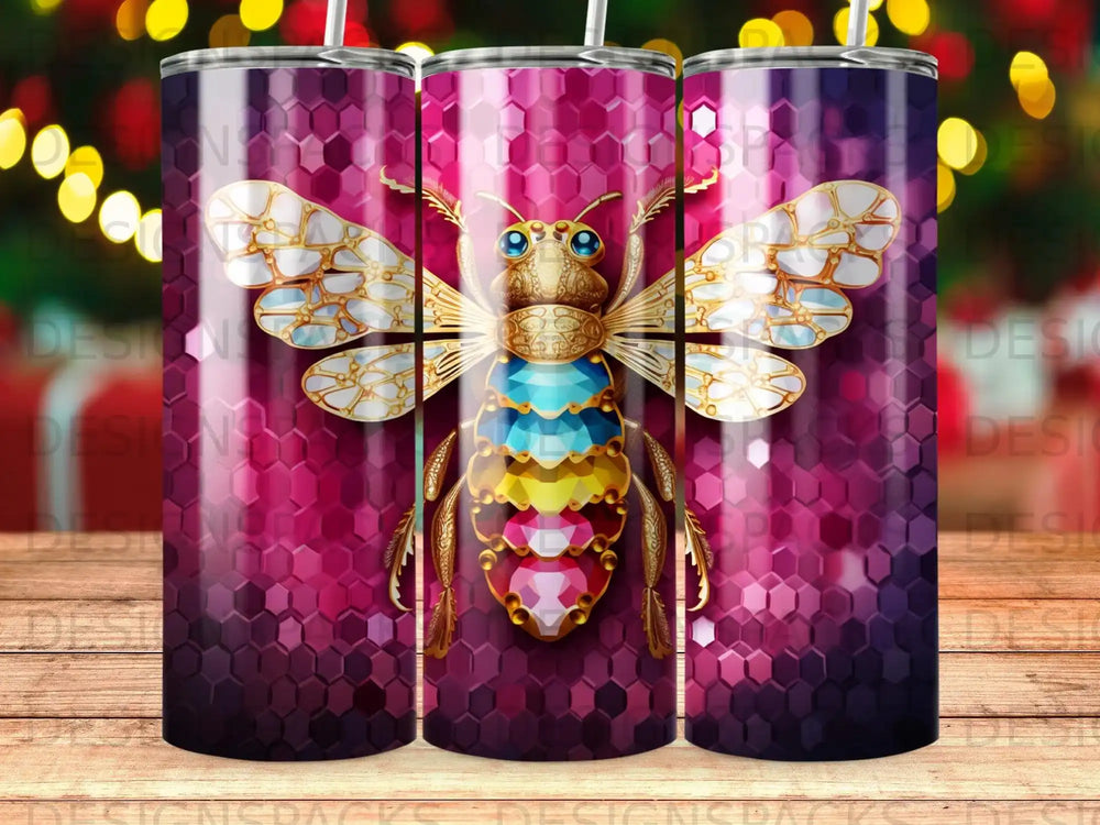 Jeweled bee on hexagonal pink background, detailed wings and segmented body.