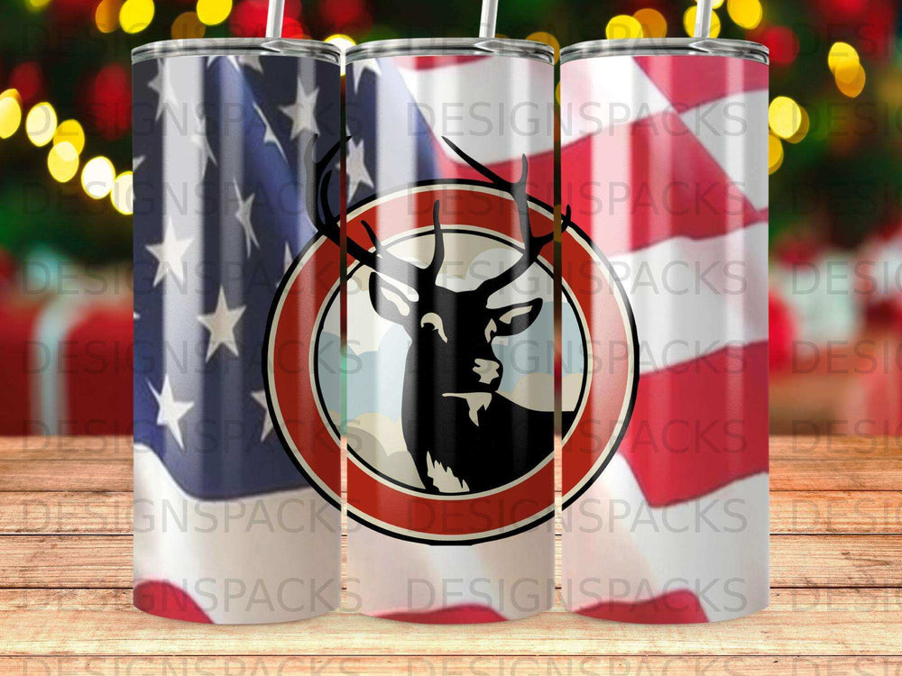 Deer silhouette within a circular emblem on a USA flag tumbler.