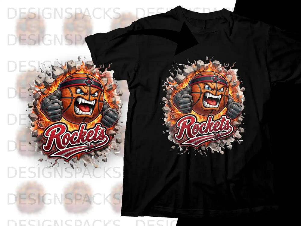 Black t-shirt with a cartoon basketball player with "Rockets" logo.