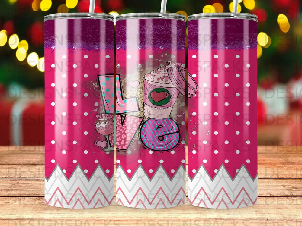 Pink and purple tumbler with "LOVE" design featuring coffee and hearts.