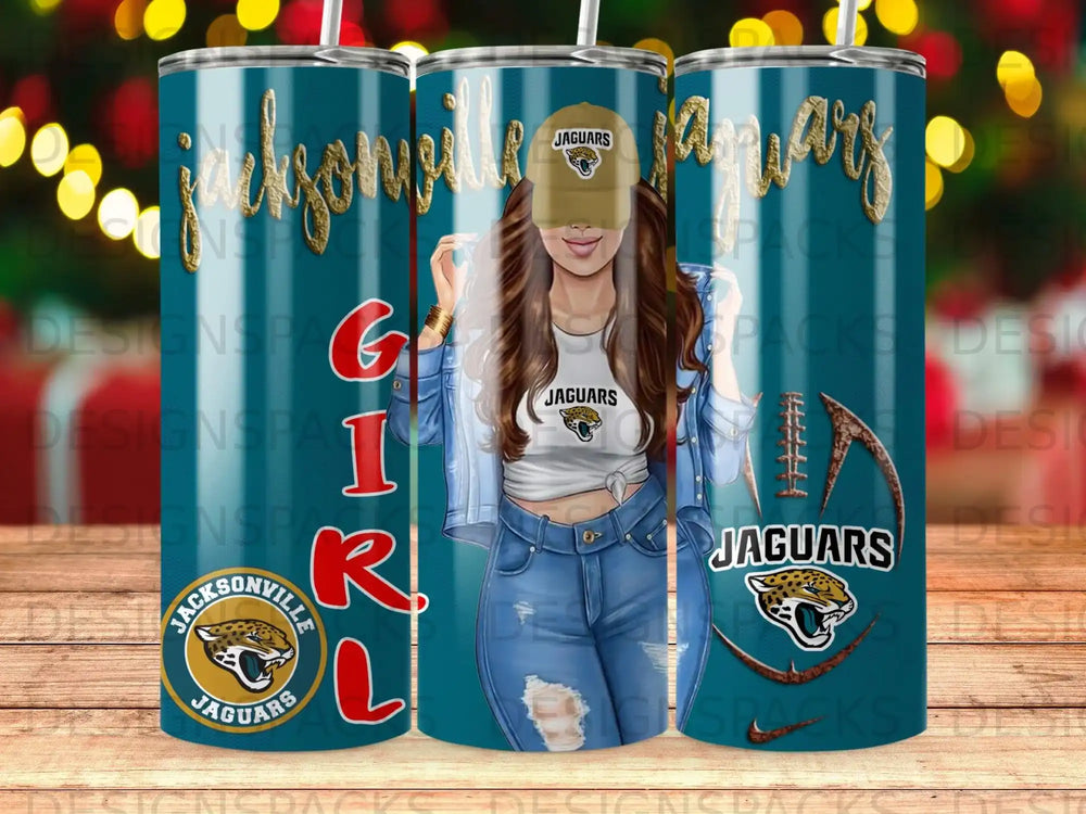 Jacksonville Jaguars themed tumbler with a woman wearing a Jaguars shirt and hat.