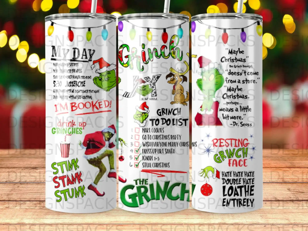 Grinch themed tumbler with "I'm booked!" and a to-do list.