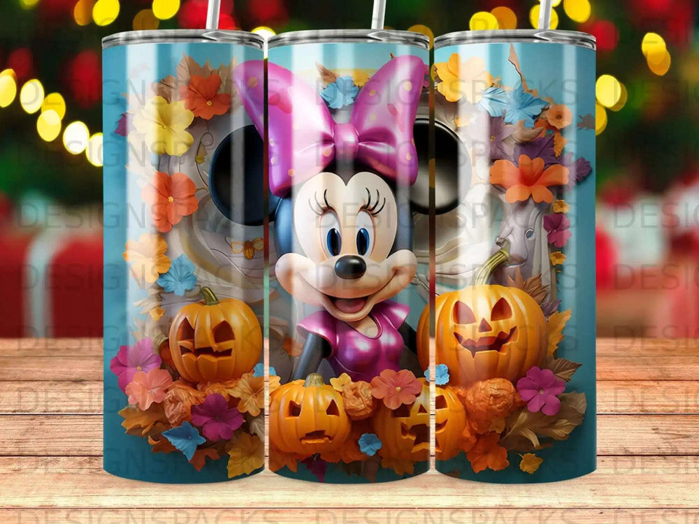 Minnie Mouse with pumpkins and fall flowers on a teal background.