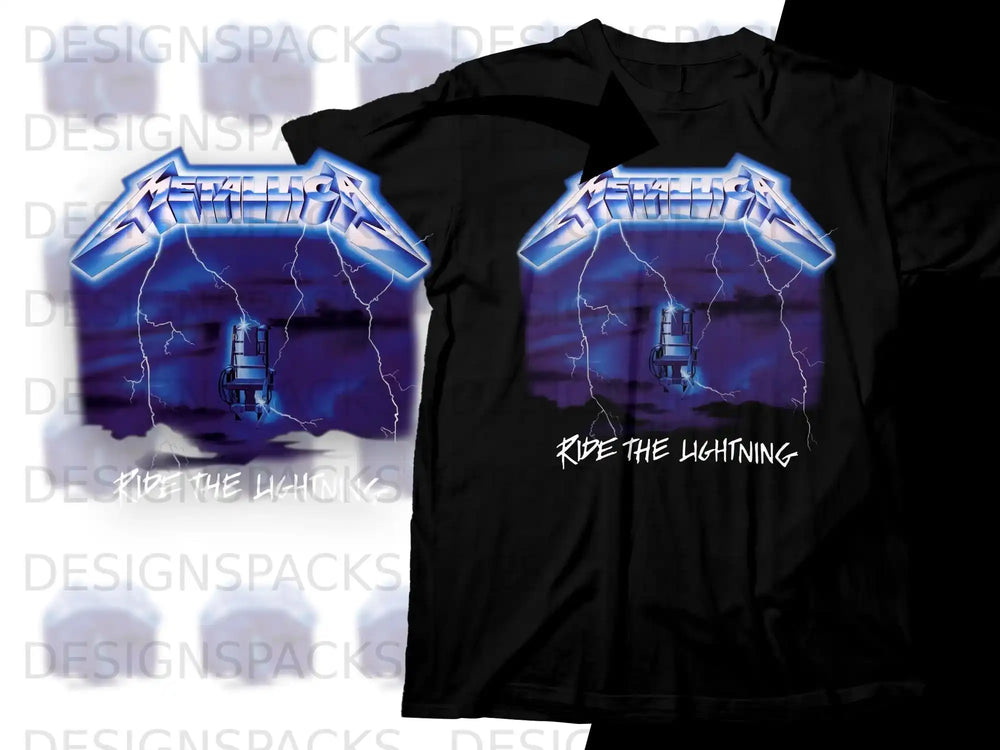 Metallica "Ride the Lightning" album art on a black t-shirt.