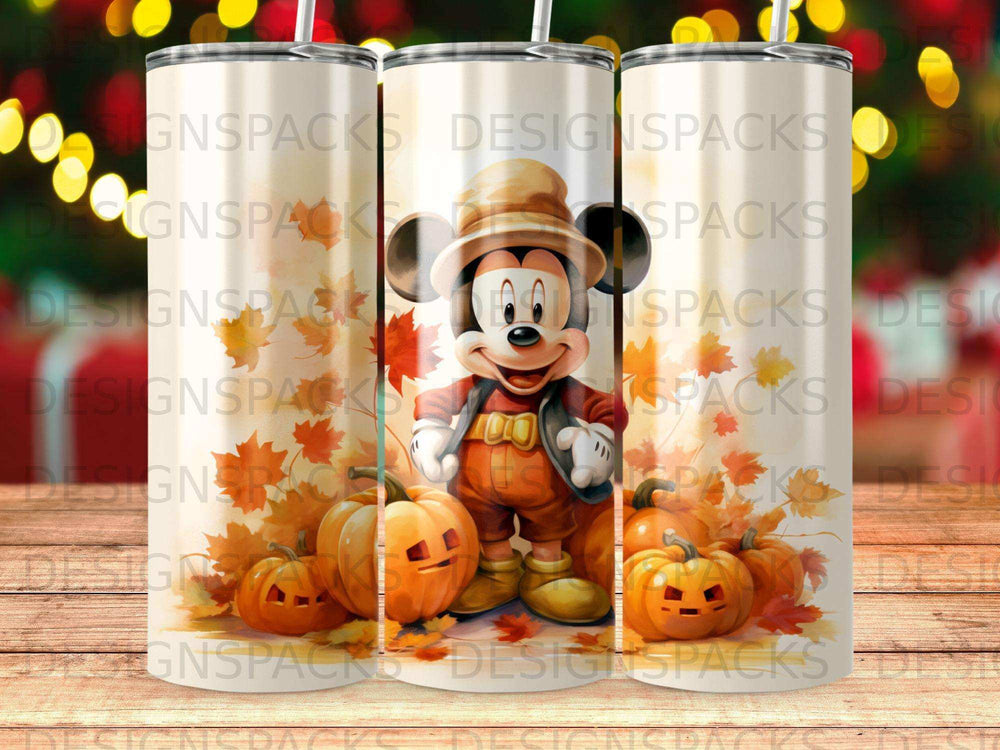 Mickey Mouse in Halloween costume with pumpkins, on a tumbler.
