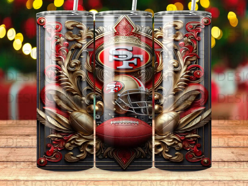 San Francisco 49ers helmet and football with ornate gold and red emblem.