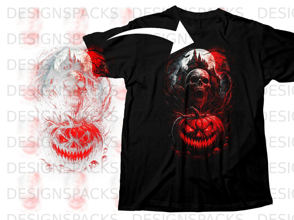 Black t-shirt with a Halloween design featuring a skull, haunted house, and pumpkin.