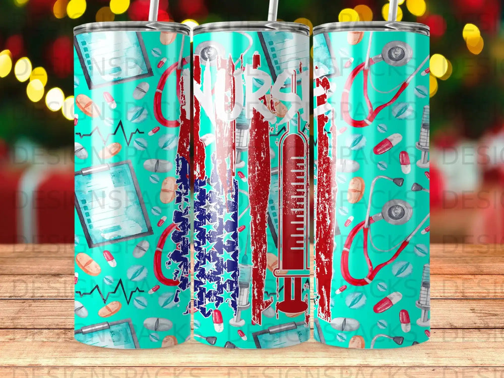 USA flag design with medical symbols and stethoscope on a tumbler.