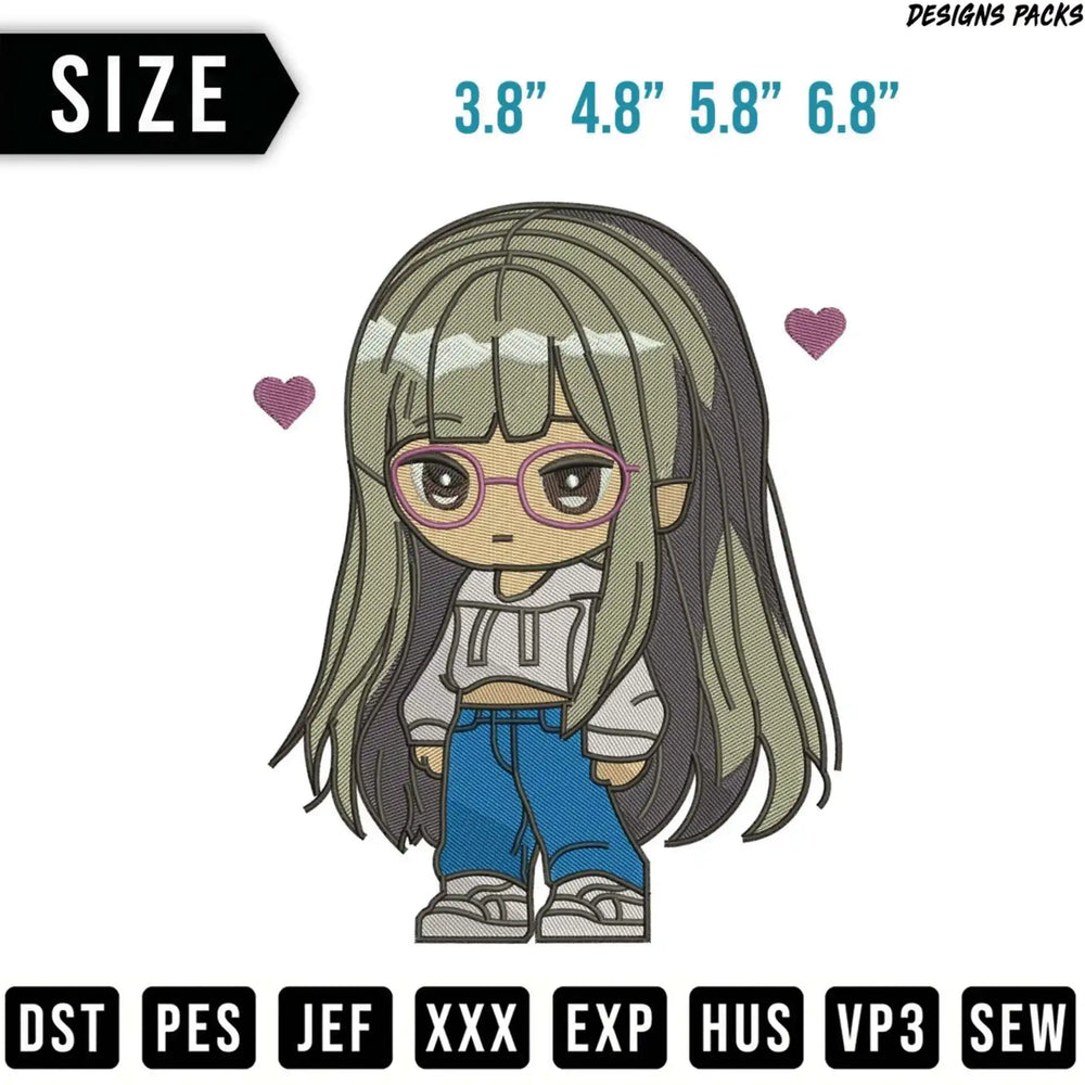 Chibi anime girl wearing glasses and hoodie, with size options.