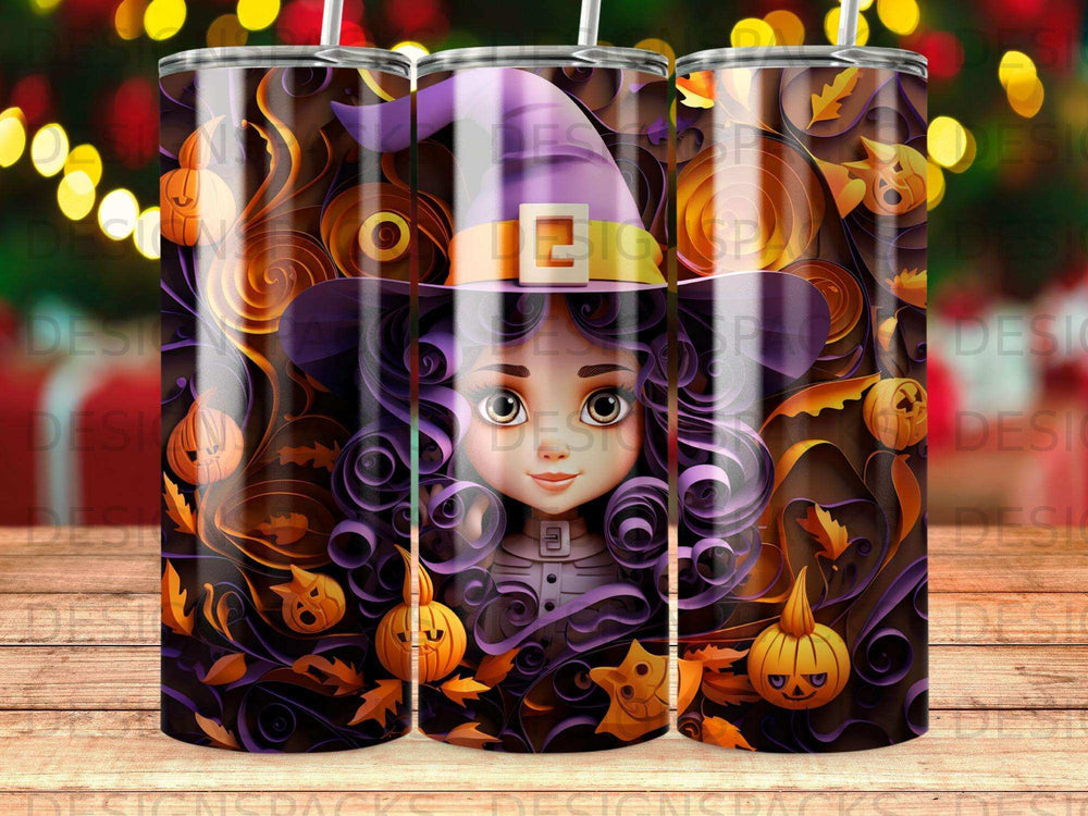 Witch with purple hat, surrounded by pumpkins and fall leaves.