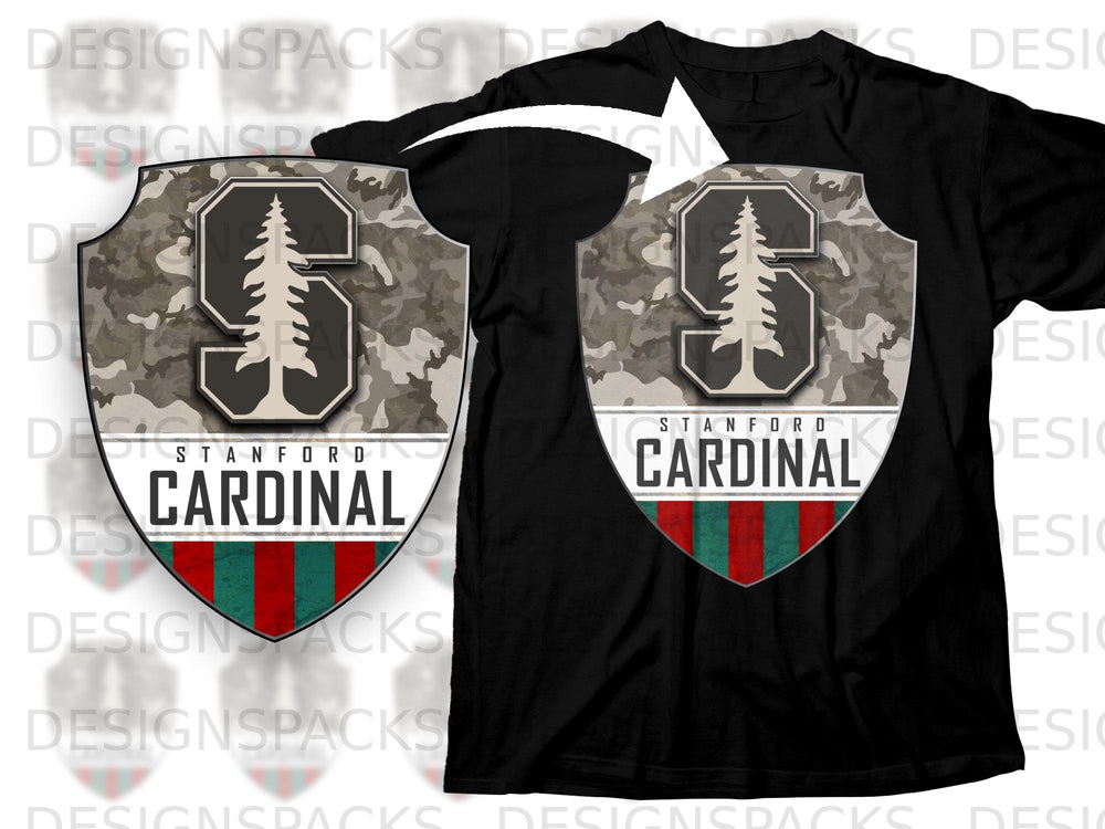Black t-shirt with a shield logo featuring a camouflage background, "Stanford Cardinal" text, and red and green stripes.