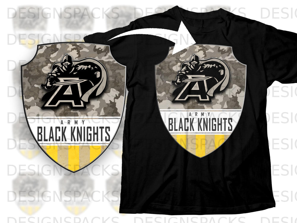Black t-shirt with Army Black Knights shield logo featuring a knight and the letter A.
