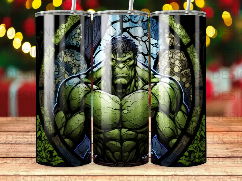 The Hulk stands muscular and green, framed by a stained-glass window with floral designs.