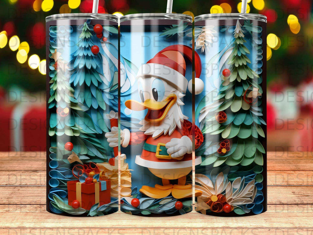 Donald Duck in a Santa suit holding a gift, with Christmas trees and ornaments.