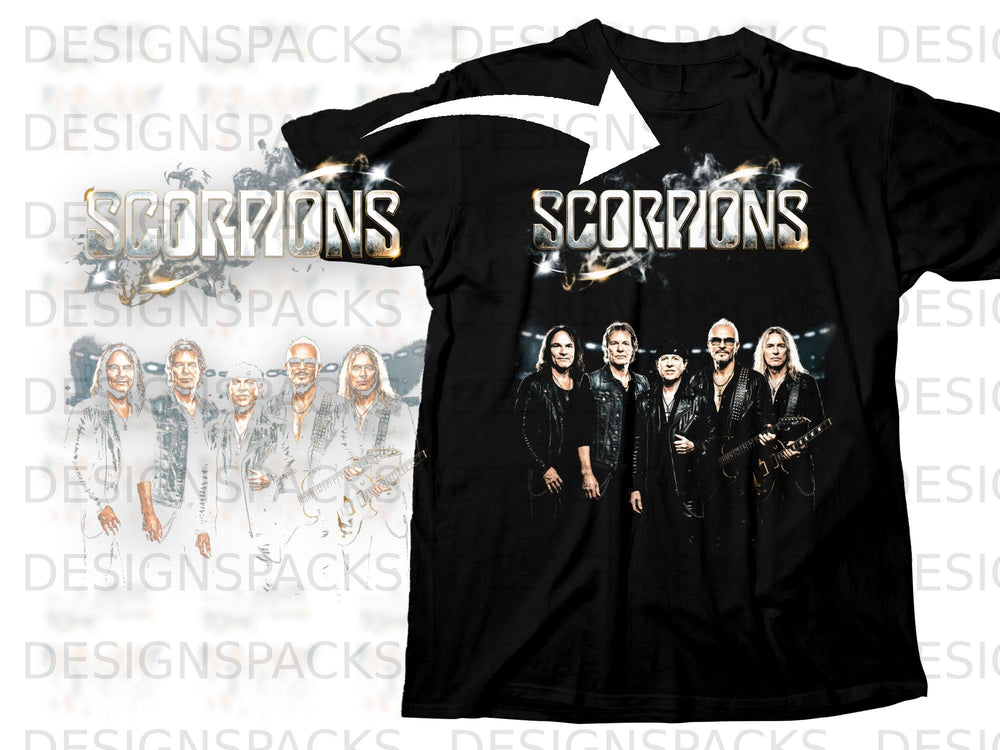 Black t-shirt with Scorpions band logo and members in concert.