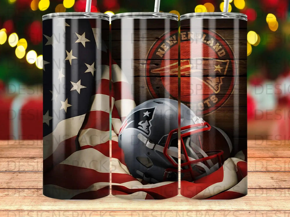 New England Patriots helmet and football on American flag background.
