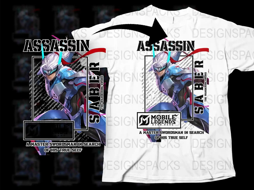 Mobile Legends Assassin Saber Graphic T-Shirt, Gaming Apparel, Unique Action Hero Print Tee