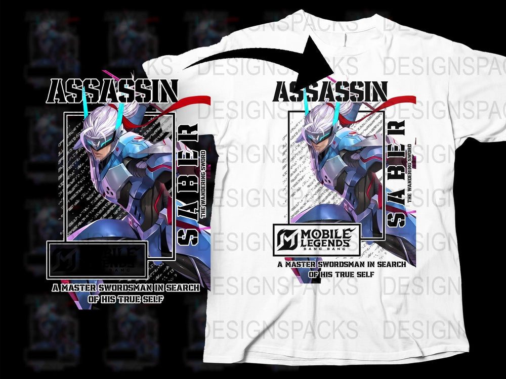 Mobile Legends Assassin Saber Graphic T-Shirt, Gaming Apparel, Unique Action Hero Print Tee